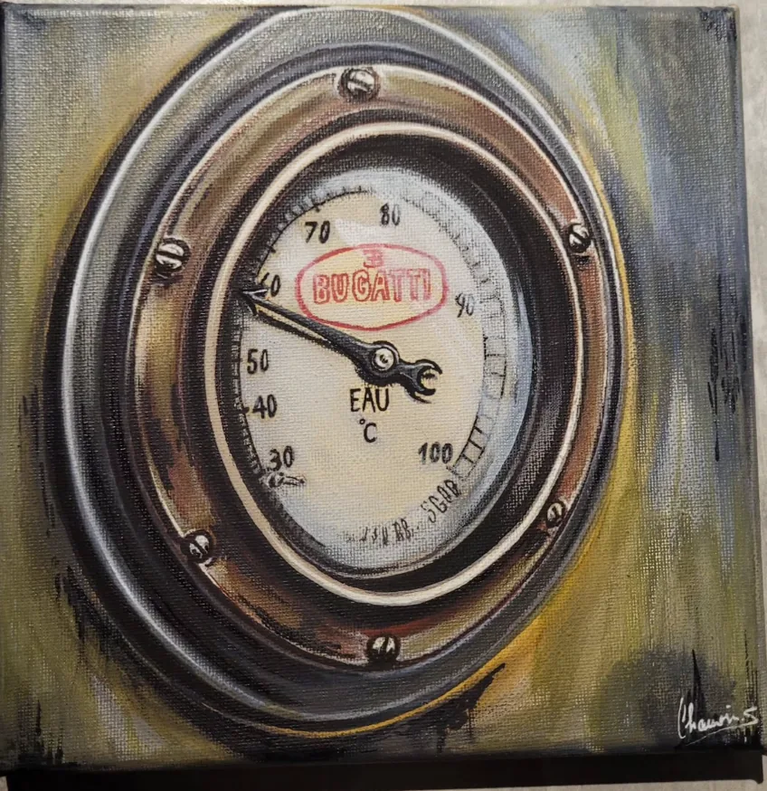 Peinture d'un manomètre de température d'eau Bugatti, détail de tableau de bord ancien